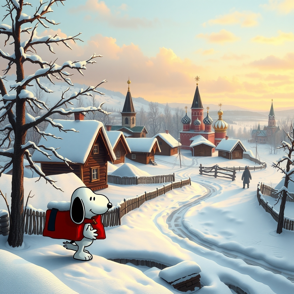 a winter landscape with a russian village and snoopy by मुफ्त एआई छवि जनरेटर - बिना लॉगिन के✨ | AIGAZOU