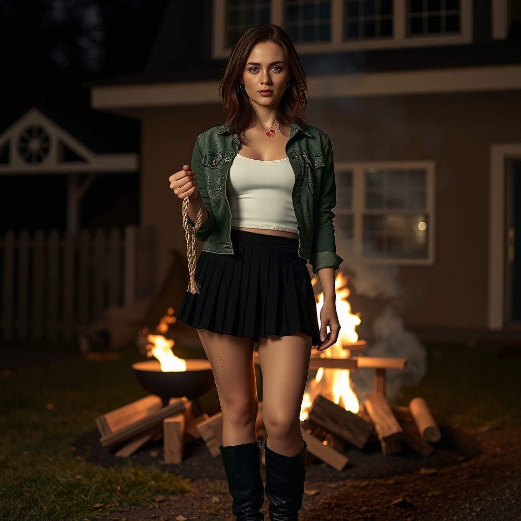 hyper realistic woman serious black pleated skirt white belt green denim jacket black boots shoulder length dark brown hair blood by मुफ्त एआई छवि जनरेटर - बिना लॉगिन के✨ | AIGAZOU