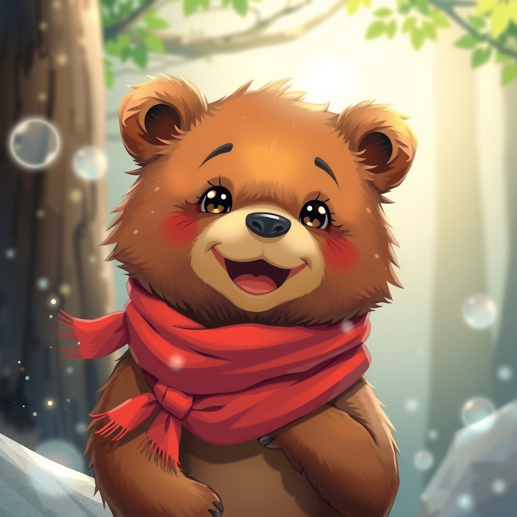 brown bear funny and cute anime magical with red scarf by Générateur d'images par IA gratuit - Aucune connexion nécessaire✨ | AIGAZOU