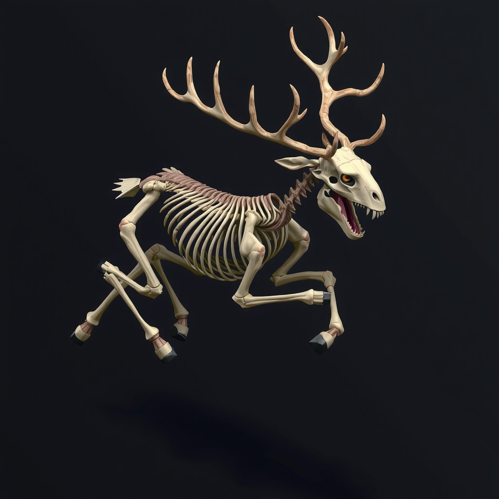 reindeer skeleton isometric angry jumping dark background realistic by मुफ्त एआई छवि जनरेटर - बिना लॉगिन के✨ | AIGAZOU