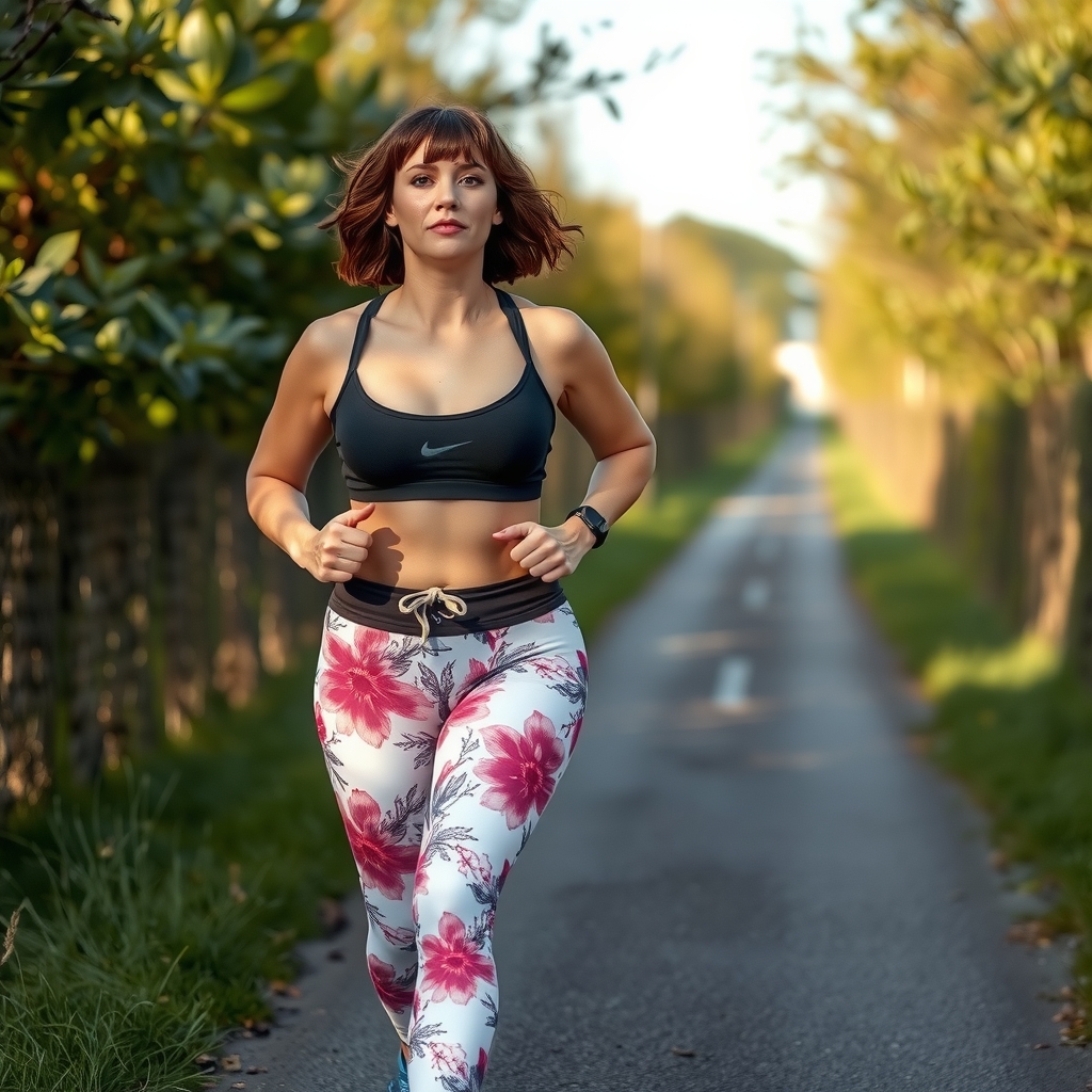 a curvy 30 year old woman jogging on a country road by मुफ्त एआई छवि जनरेटर - बिना लॉगिन के✨ | AIGAZOU