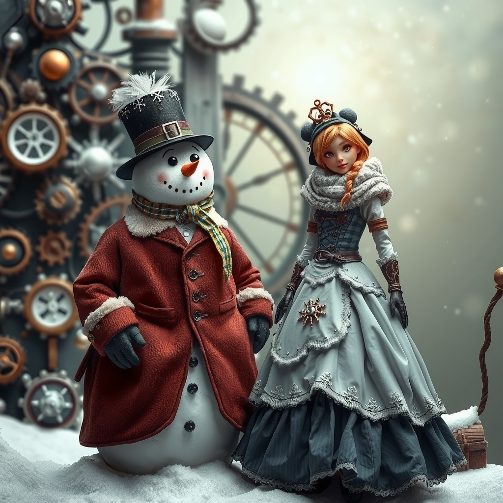 steampunk snowman and snowwoman in matching tones by Générateur d'images par IA gratuit - Aucune connexion nécessaire✨ | AIGAZOU