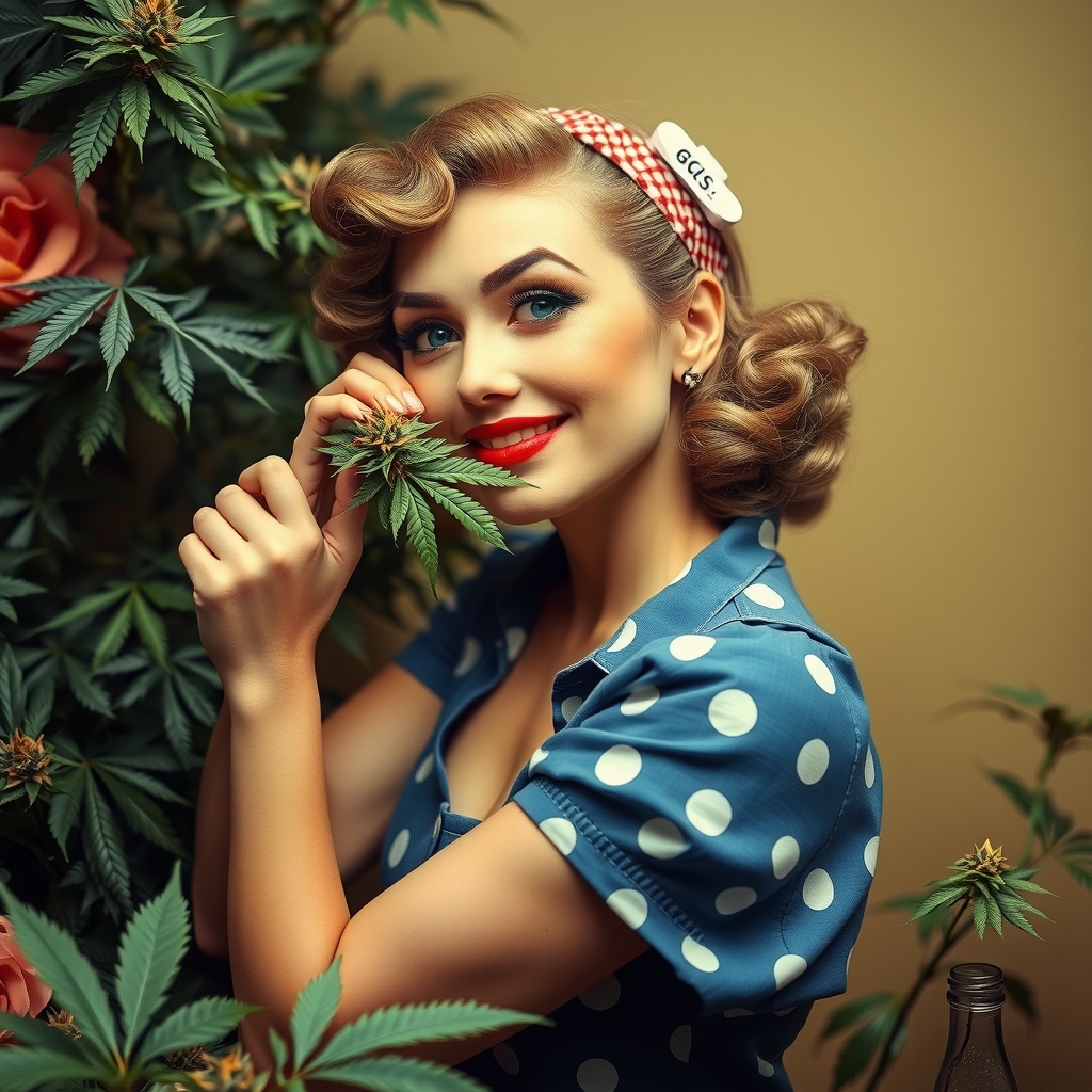 50s pin up style strong girl cookies cannabisplant by मुफ्त एआई छवि जनरेटर - बिना लॉगिन के✨ | AIGAZOU