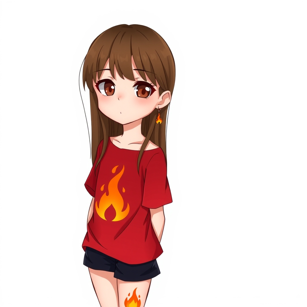 a girl with brown straight hair white skin brown eyes flame tattoo on right leg flame earrings red tshirt with by मुफ्त एआई छवि जनरेटर - बिना लॉगिन के✨ | AIGAZOU