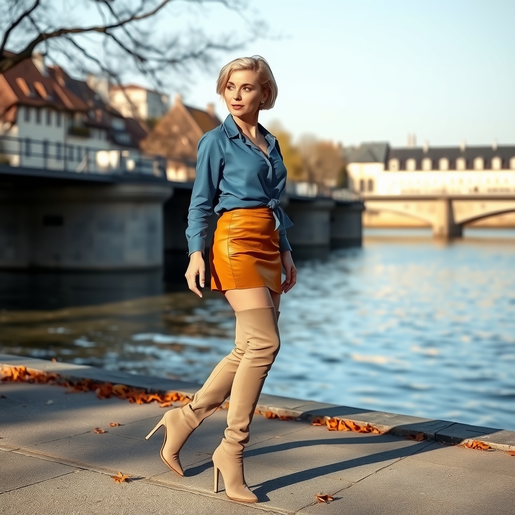 curvy woman blond hair beige boots mini skirt blue blouse river rhein duesseldorf fallen leaves sunshine by मुफ्त एआई छवि जनरेटर - बिना लॉगिन के✨ | AIGAZOU