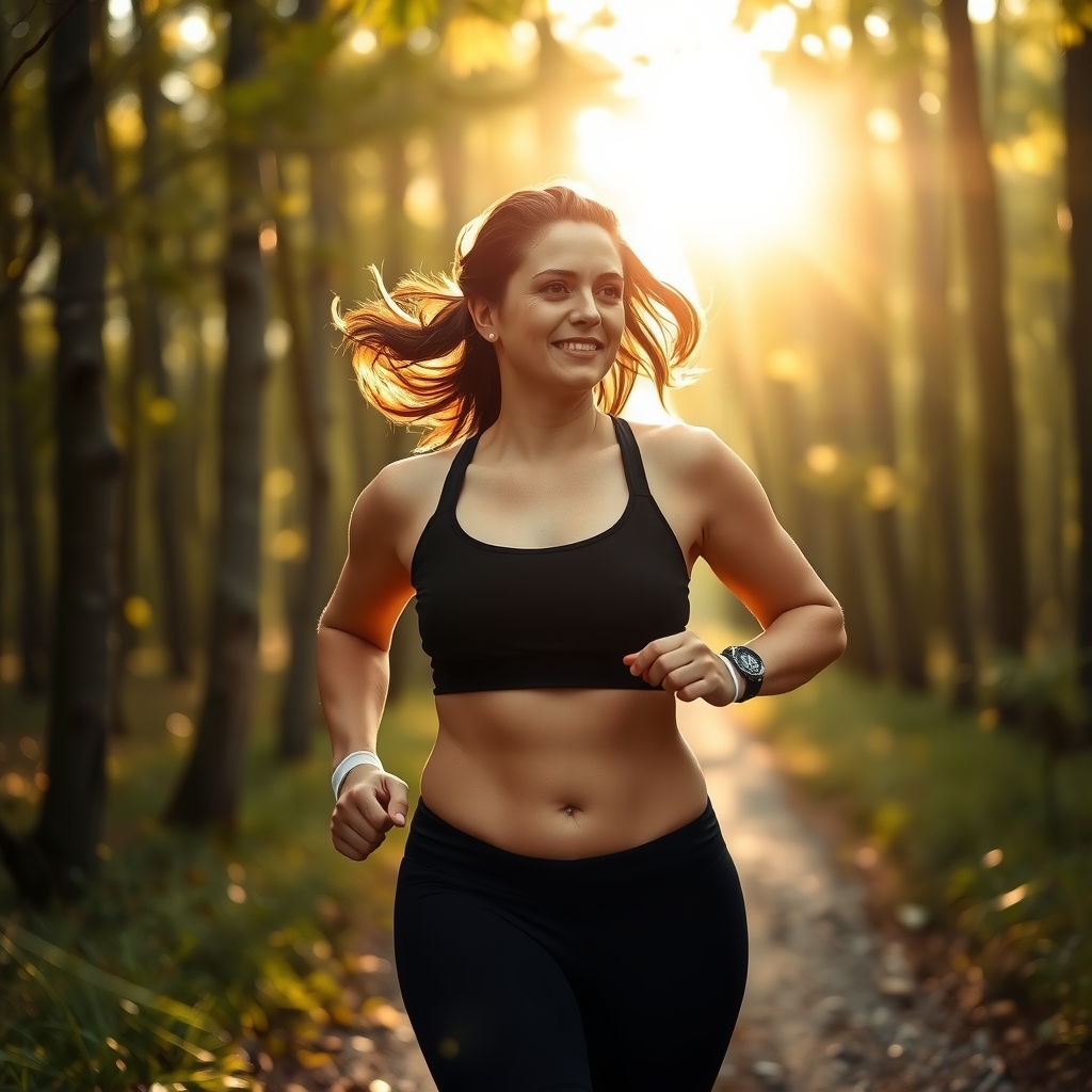 a sunny morning golden light forest woman jogging by मुफ्त एआई छवि जनरेटर - बिना लॉगिन के✨ | AIGAZOU