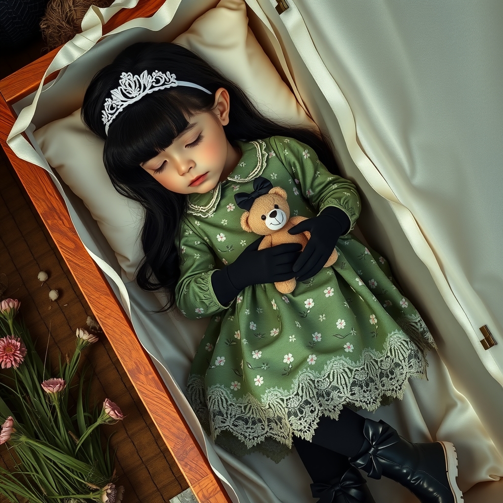 a 7 year old girl named nini lying in a coffin by मुफ्त एआई छवि जनरेटर - बिना लॉगिन के✨ | AIGAZOU