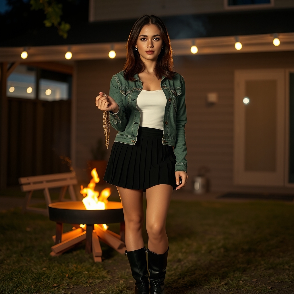 hyper realistic 22 year old mexican woman serious black pleated short skirt white belt green denim jacket black boots shoulder by मुफ्त एआई छवि जनरेटर - बिना लॉगिन के✨ | AIGAZOU