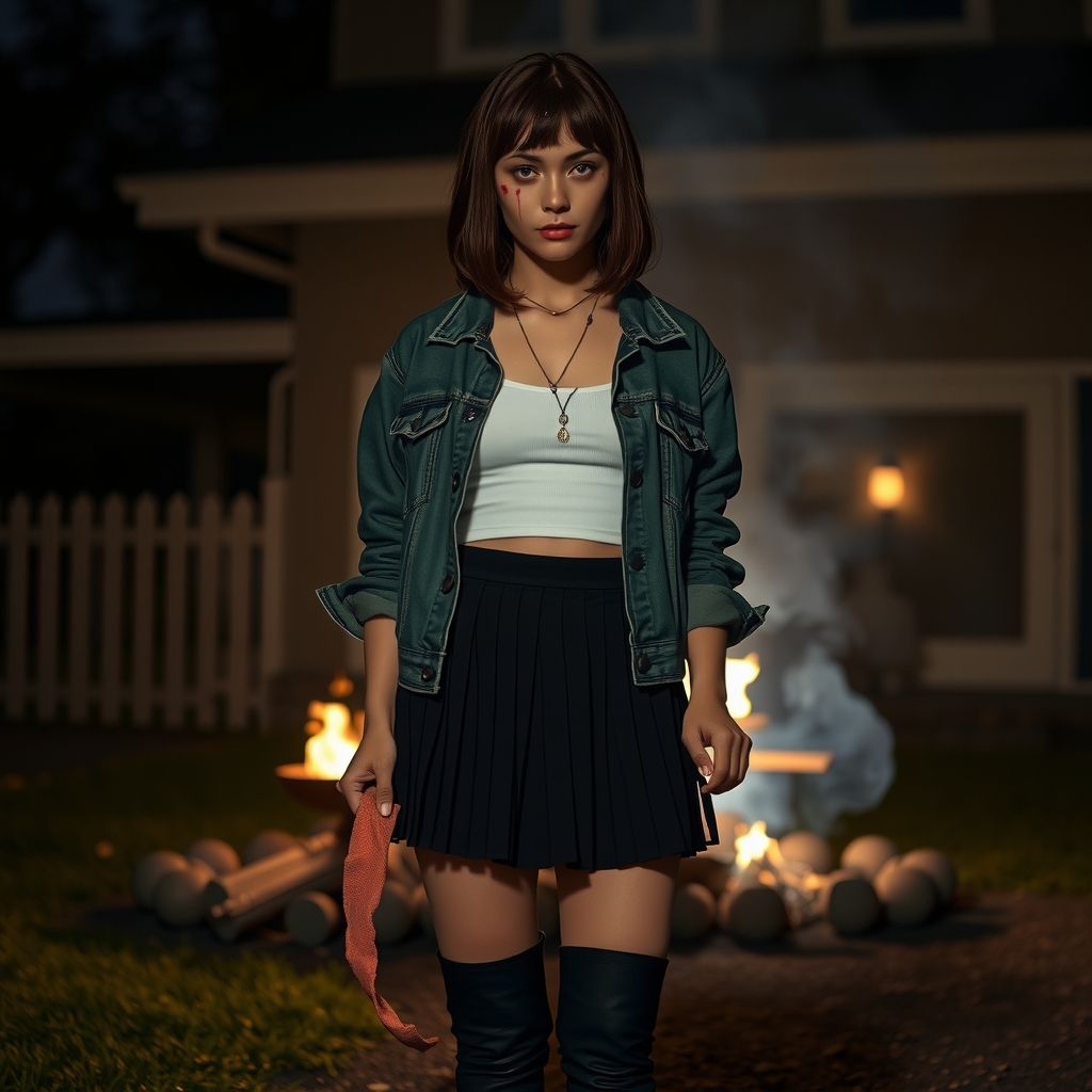 hyper realistic 22 year old woman serious black pleated short skirt white belt green denim jacket black boots shoulder length by मुफ्त एआई छवि जनरेटर - बिना लॉगिन के✨ | AIGAZOU