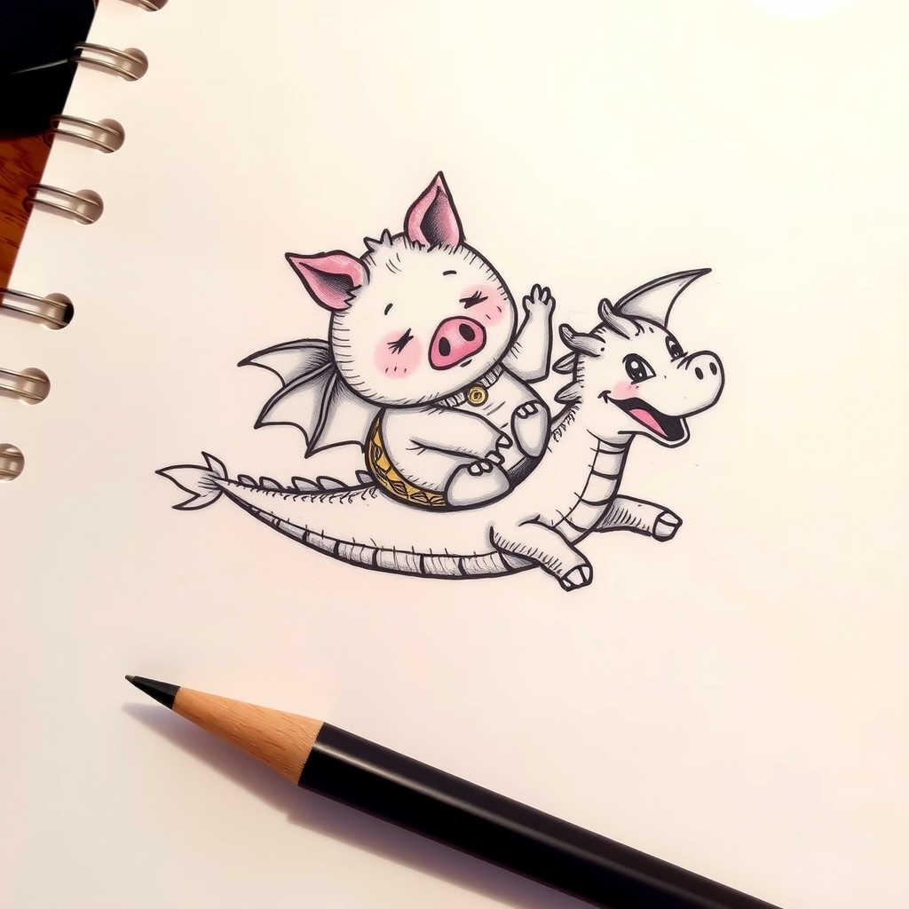 cute pig riding flying dragon tattoo by मुफ्त एआई छवि जनरेटर - बिना लॉगिन के✨ | AIGAZOU