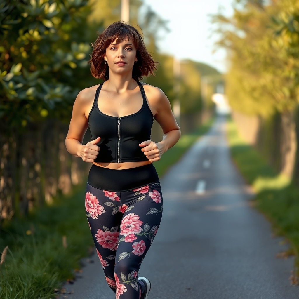 a 38 year old woman with wide hips and muscular legs jogs on a path by मुफ्त एआई छवि जनरेटर - बिना लॉगिन के✨ | AIGAZOU