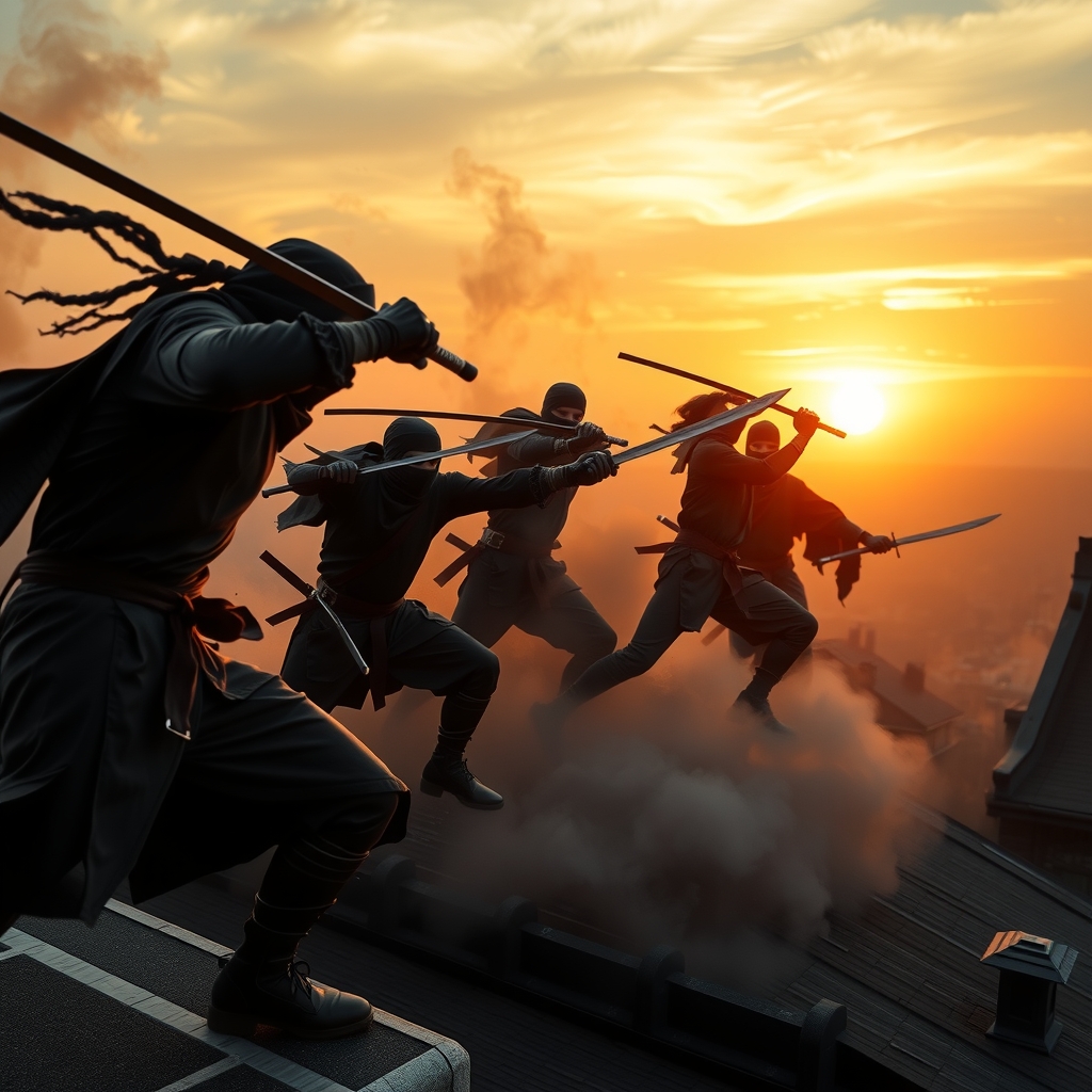 ninja battle on rooftops at sunset by मुफ्त एआई छवि जनरेटर - बिना लॉगिन के✨ | AIGAZOU