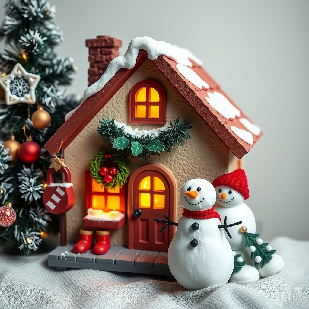 a small christmas decorated house with a tree and snowmen by मुफ्त एआई छवि जनरेटर - बिना लॉगिन के✨ | AIGAZOU