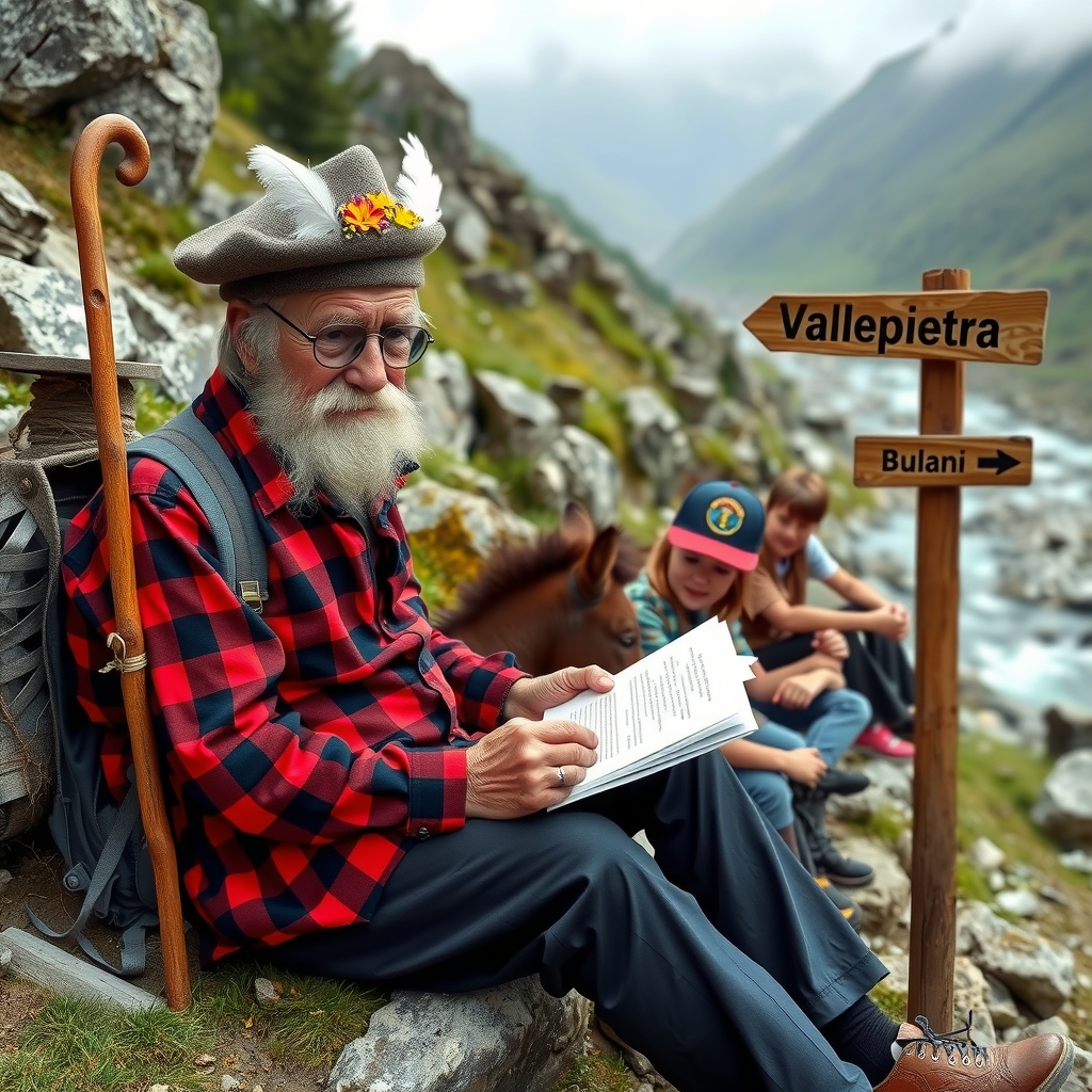 old mountaineer with white beard red checkered shirt round glasses gray hat with flowers and long white feathers sitting with by मुफ्त एआई छवि जनरेटर - बिना लॉगिन के✨ | AIGAZOU