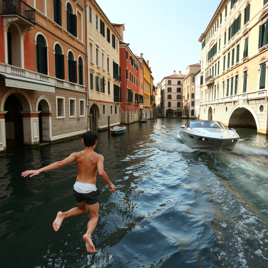 teenager jumps into venetian canal to swim by मुफ्त एआई छवि जनरेटर - बिना लॉगिन के✨ | AIGAZOU