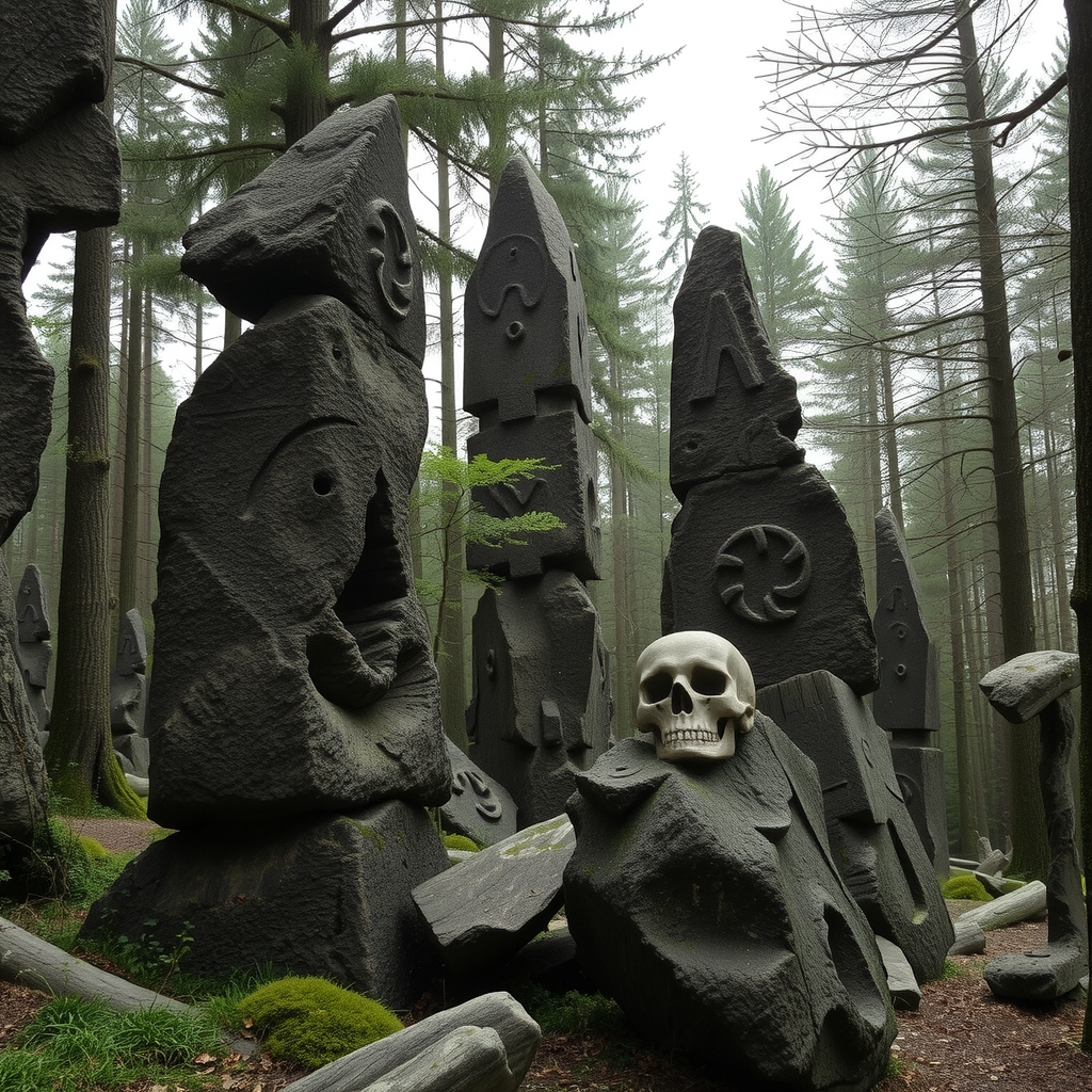 a hostile forest filled with mysterious stone sculptures by Générateur d'images par IA gratuit - Aucune connexion nécessaire✨ | AIGAZOU