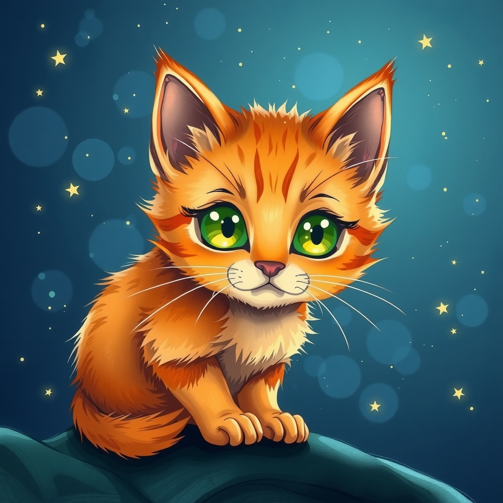 an illustration in a drawing style of an orange kitten with green eyes in the night under a starry sky by मुफ्त एआई छवि जनरेटर - बिना लॉगिन के✨ | AIGAZOU