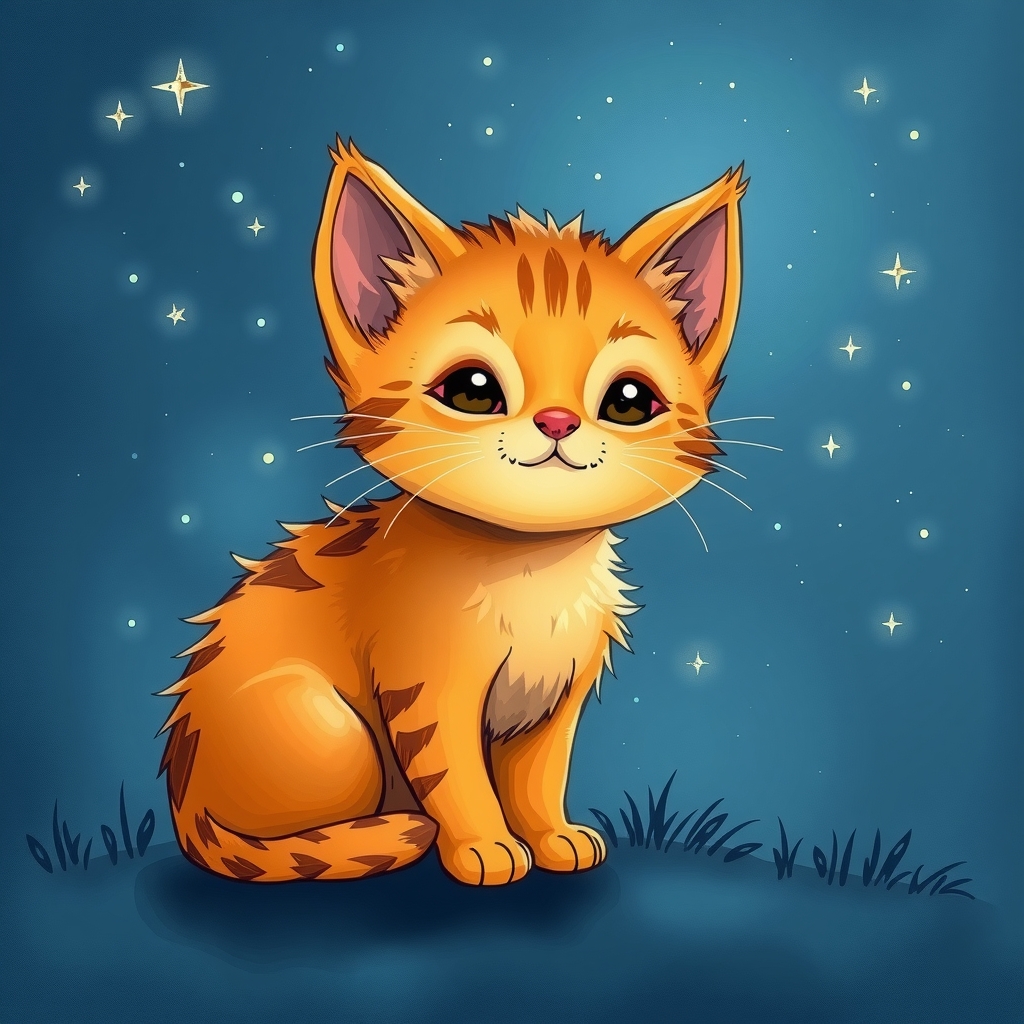 an illustration in a drawing style of an orange kitten in the night under a starry sky by मुफ्त एआई छवि जनरेटर - बिना लॉगिन के✨ | AIGAZOU