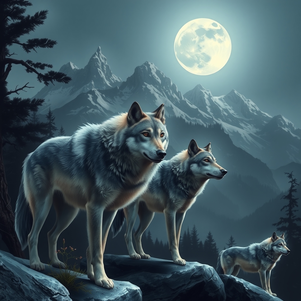 gray wolves under the moon background mountains by मुफ्त एआई छवि जनरेटर - बिना लॉगिन के✨ | AIGAZOU