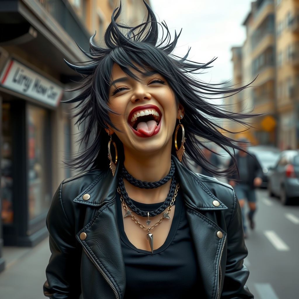 laughing woman with punk spiky black hair by मुफ्त एआई छवि जनरेटर - बिना लॉगिन के✨ | AIGAZOU