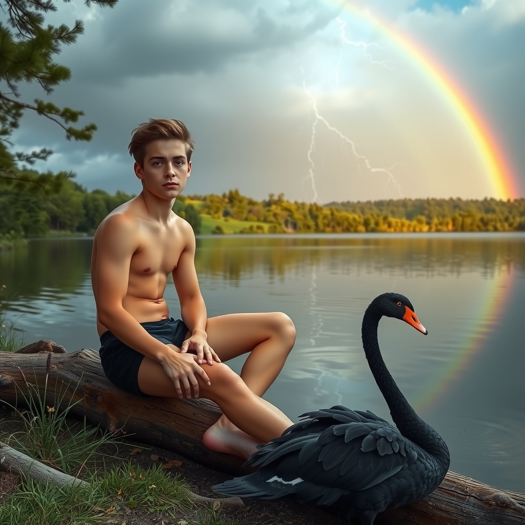 teenager in speedos on log at lake with black swan and rainbow by मुफ्त एआई छवि जनरेटर - बिना लॉगिन के✨ | AIGAZOU