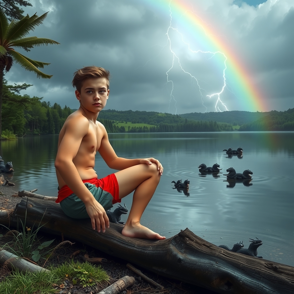 teenager in speedos on log at lake by Générateur d'images par IA gratuit - Aucune connexion nécessaire✨ | AIGAZOU