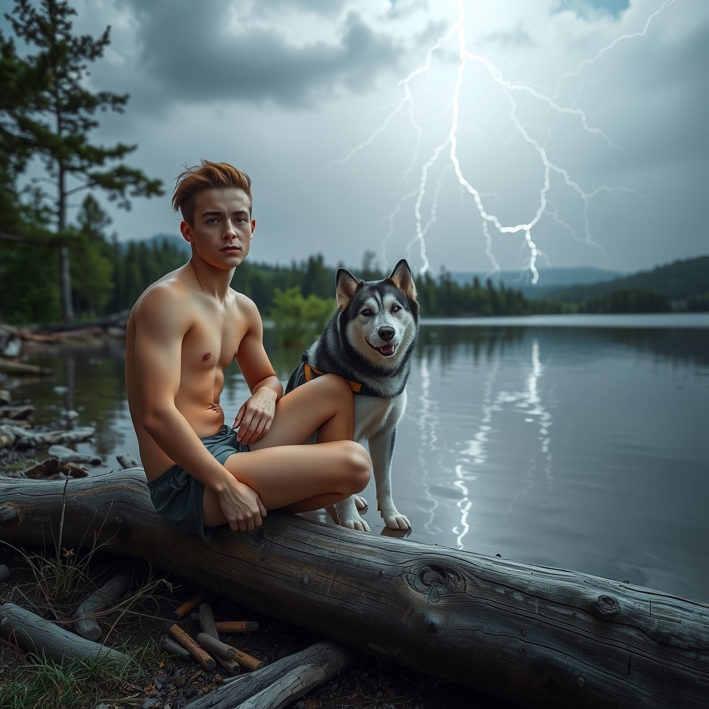 teenager in speedos sits on log with husky by मुफ्त एआई छवि जनरेटर - बिना लॉगिन के✨ | AIGAZOU