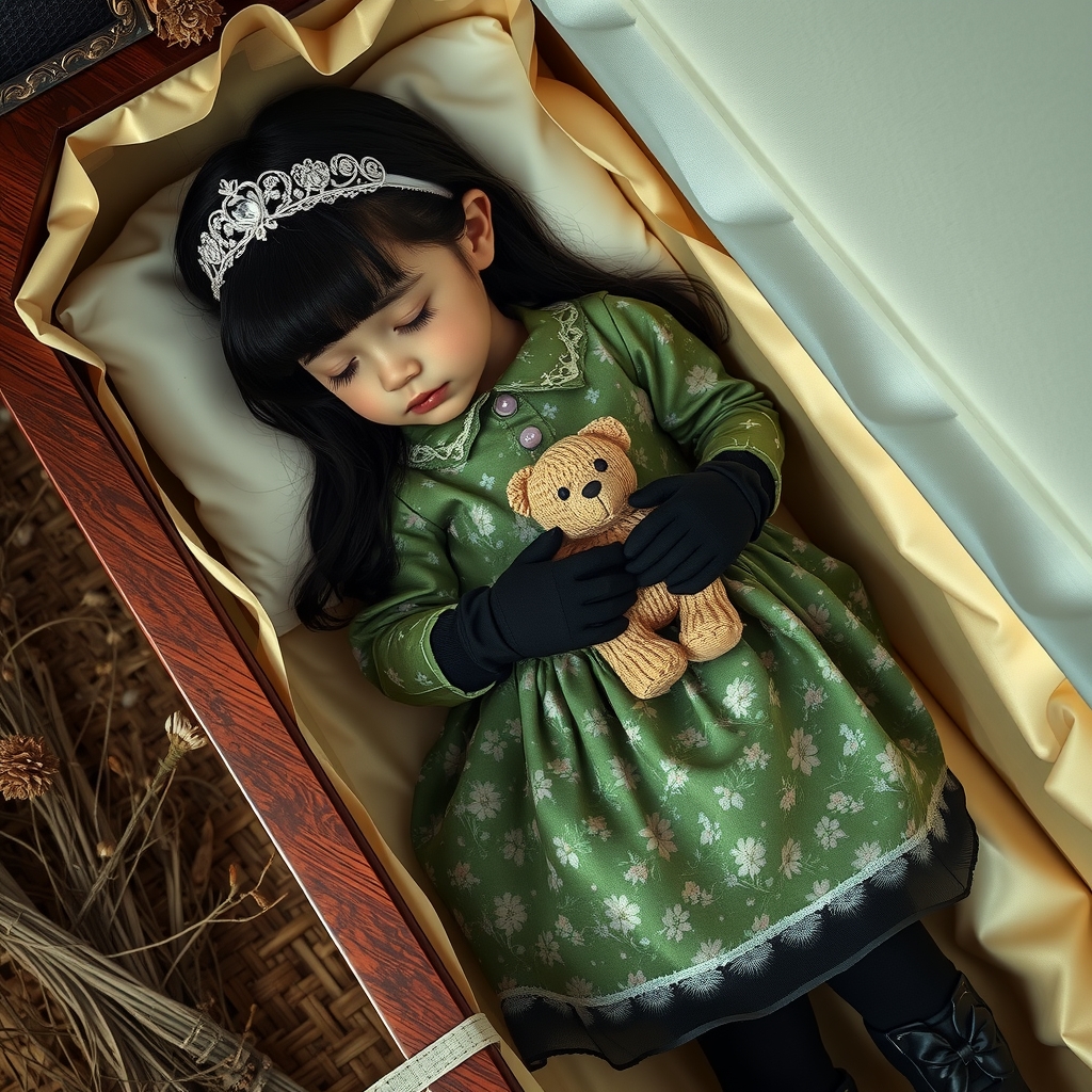 a seven year old girl named nini lying in a coffin by मुफ्त एआई छवि जनरेटर - बिना लॉगिन के✨ | AIGAZOU