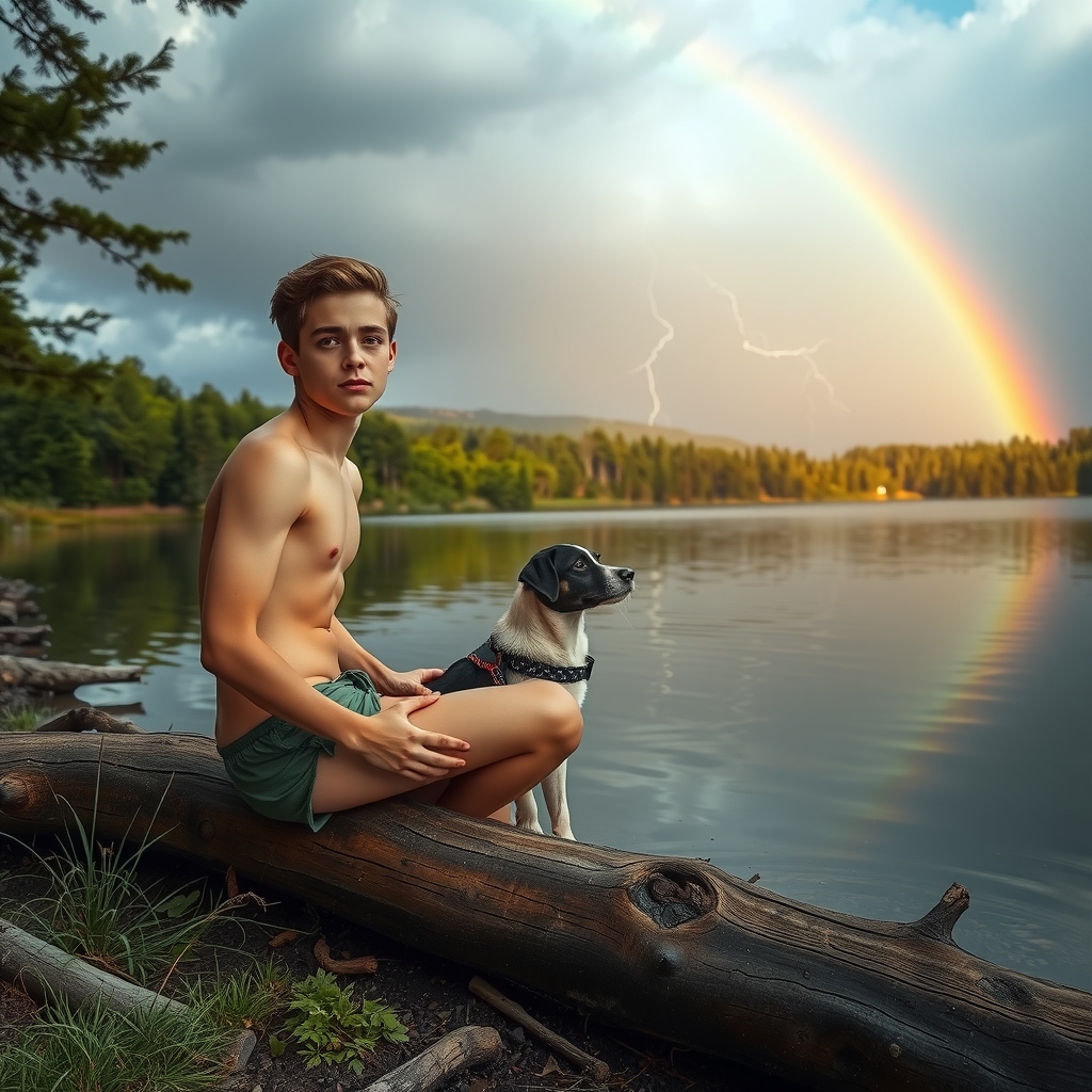 teenager in speedos sitting on log with dog by मुफ्त एआई छवि जनरेटर - बिना लॉगिन के✨ | AIGAZOU