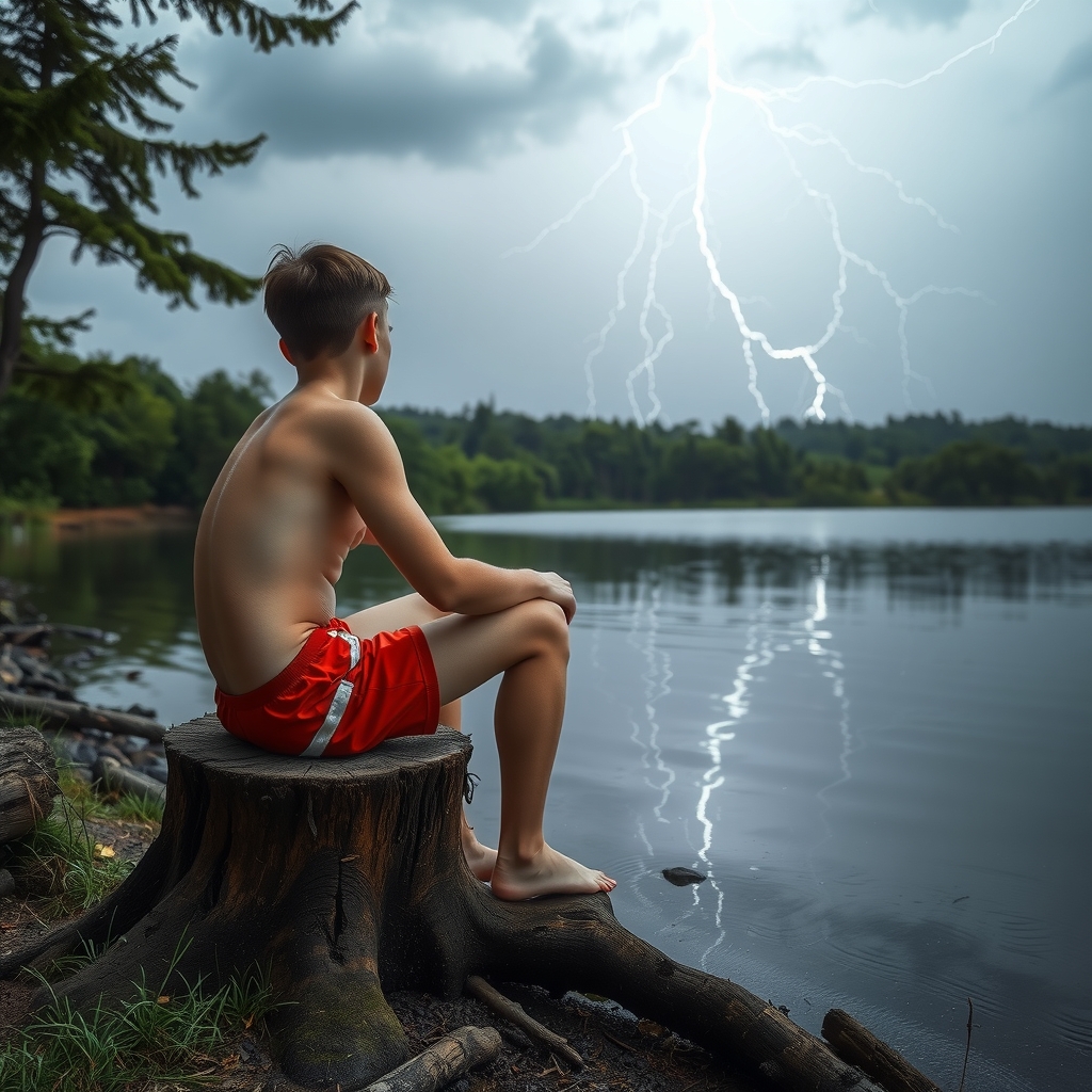 teenager in badehose sitzt auf baumstamm by मुफ्त एआई छवि जनरेटर - बिना लॉगिन के✨ | AIGAZOU