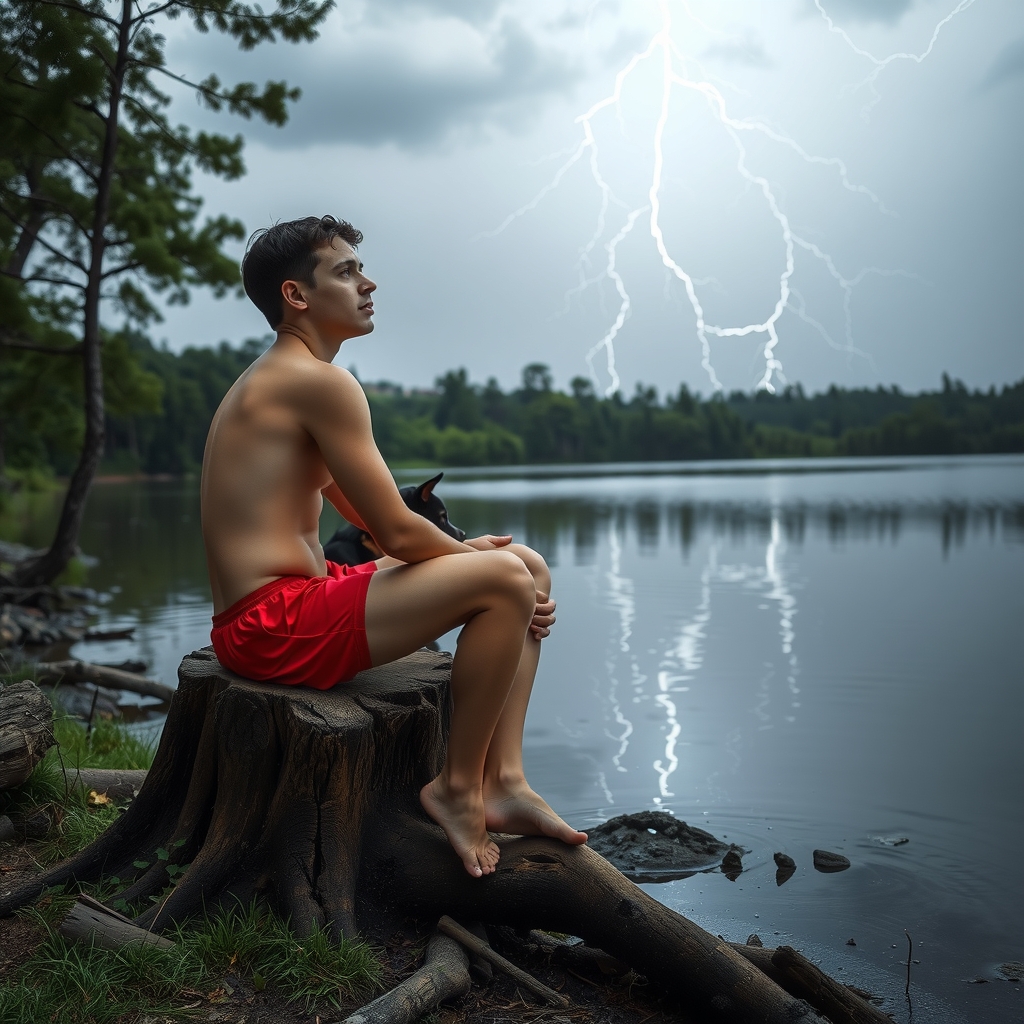 teenager in speedos sits on log with dog by मुफ्त एआई छवि जनरेटर - बिना लॉगिन के✨ | AIGAZOU