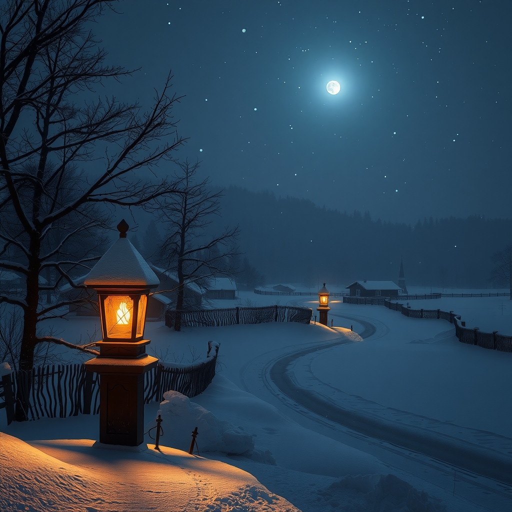 large winter landscape at night with warm lantern light by मुफ्त एआई छवि जनरेटर - बिना लॉगिन के✨ | AIGAZOU