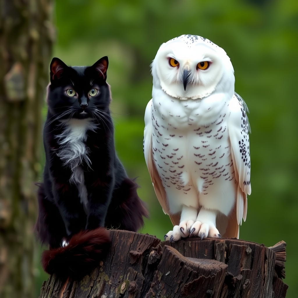 white owl sits on a tree trunk next to a black cat by मुफ्त एआई छवि जनरेटर - बिना लॉगिन के✨ | AIGAZOU