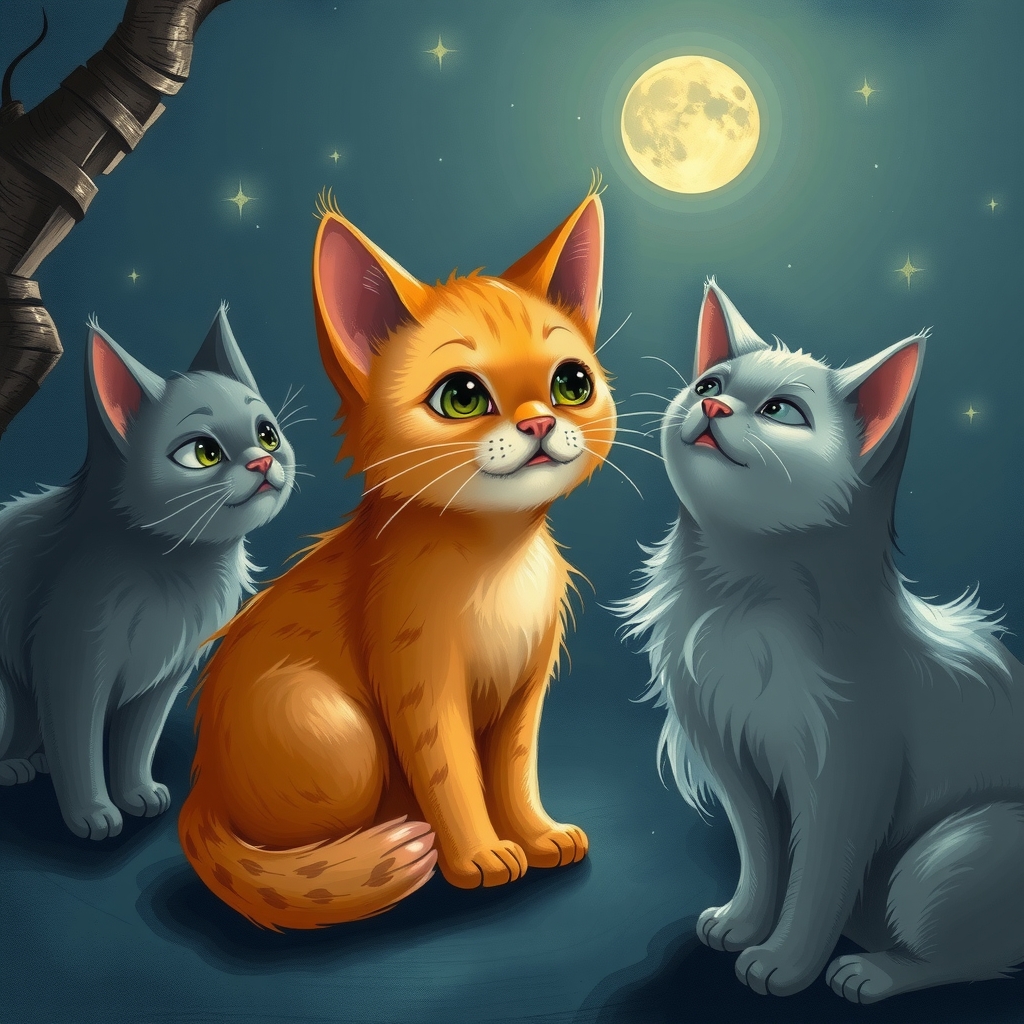 an illustration of an orange kitten talking with three gray cats at night by मुफ्त एआई छवि जनरेटर - बिना लॉगिन के✨ | AIGAZOU