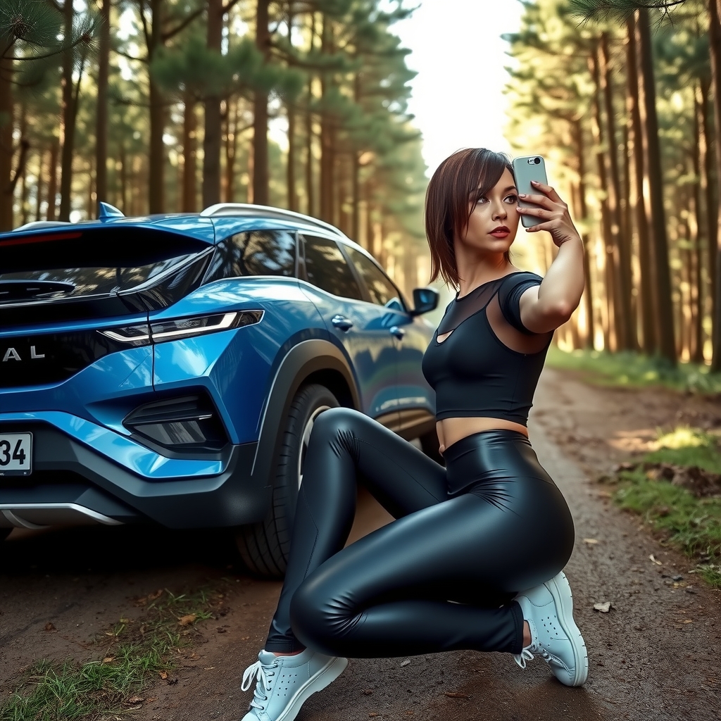 blue electric dacia spring future woman selfie by मुफ्त एआई छवि जनरेटर - बिना लॉगिन के✨ | AIGAZOU