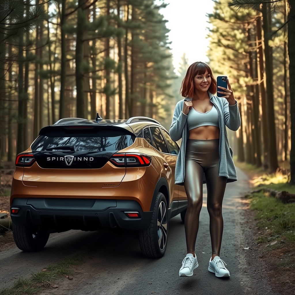 future electric suv woman forest selfie by मुफ्त एआई छवि जनरेटर - बिना लॉगिन के✨ | AIGAZOU