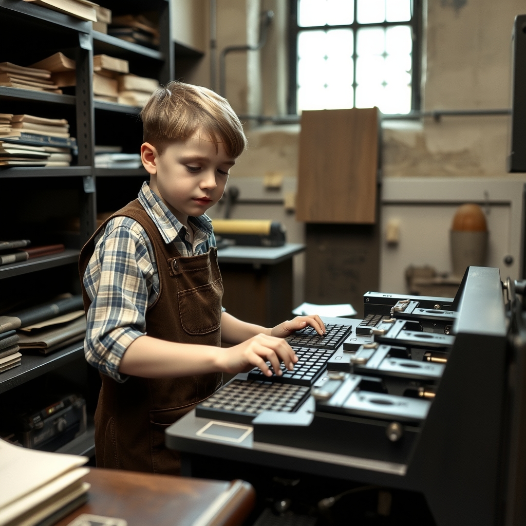 giovanni boy picks type in print shop by मुफ्त एआई छवि जनरेटर - बिना लॉगिन के✨ | AIGAZOU