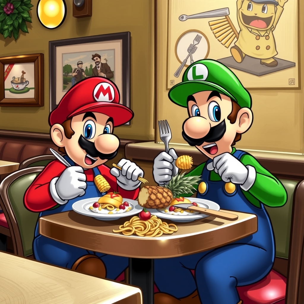 mario and luigi eating pasta with pineapple by मुफ्त एआई छवि जनरेटर - बिना लॉगिन के✨ | AIGAZOU