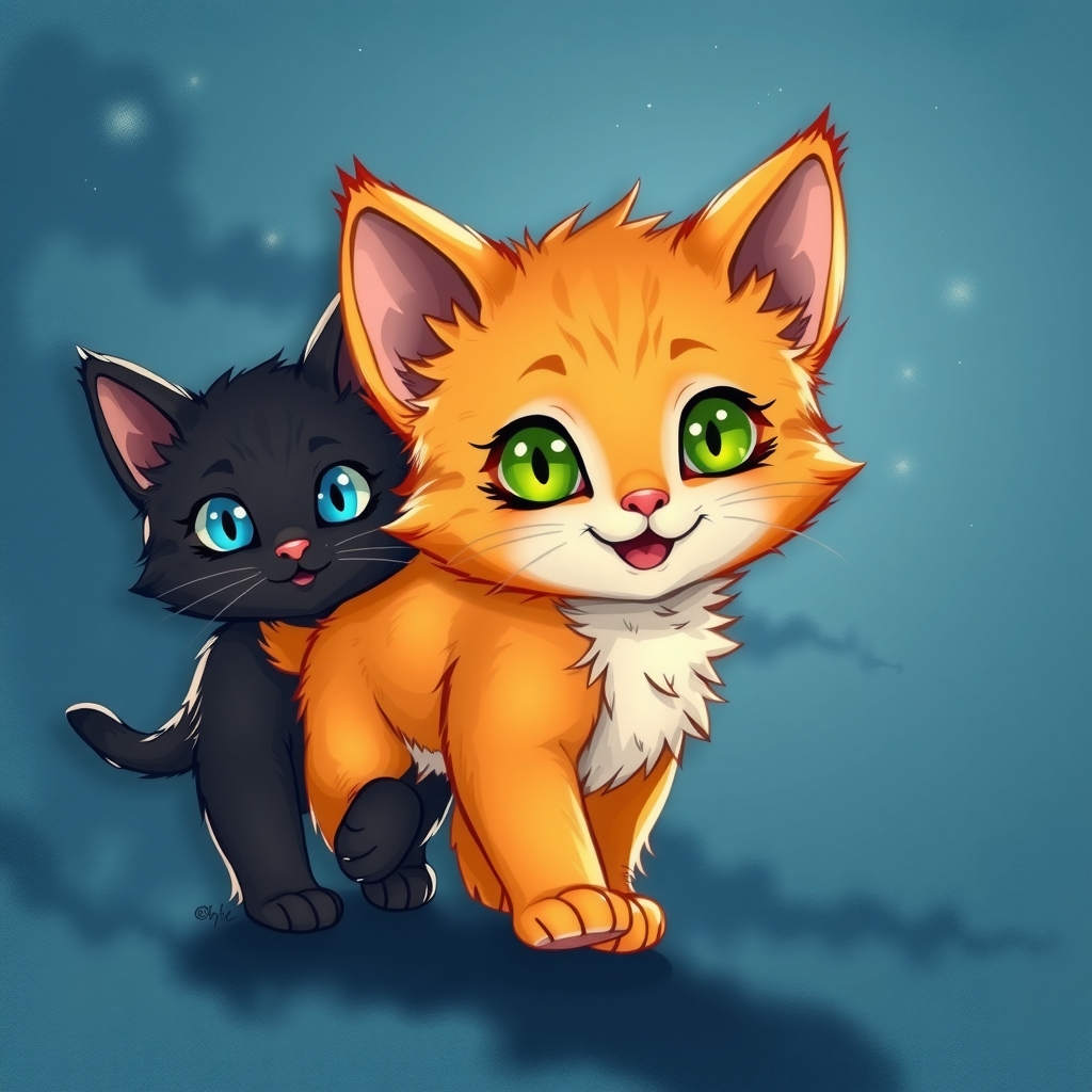 an illustration of an orange kitten and a black cat by मुफ्त एआई छवि जनरेटर - बिना लॉगिन के✨ | AIGAZOU