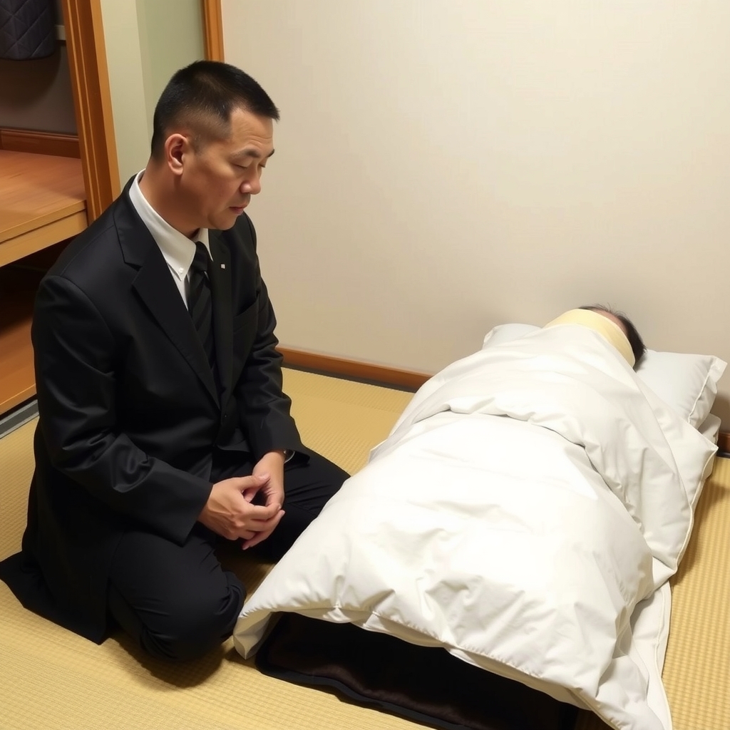 japanese man in black suit kneeling in tatami room by मुफ्त एआई छवि जनरेटर - बिना लॉगिन के✨ | AIGAZOU