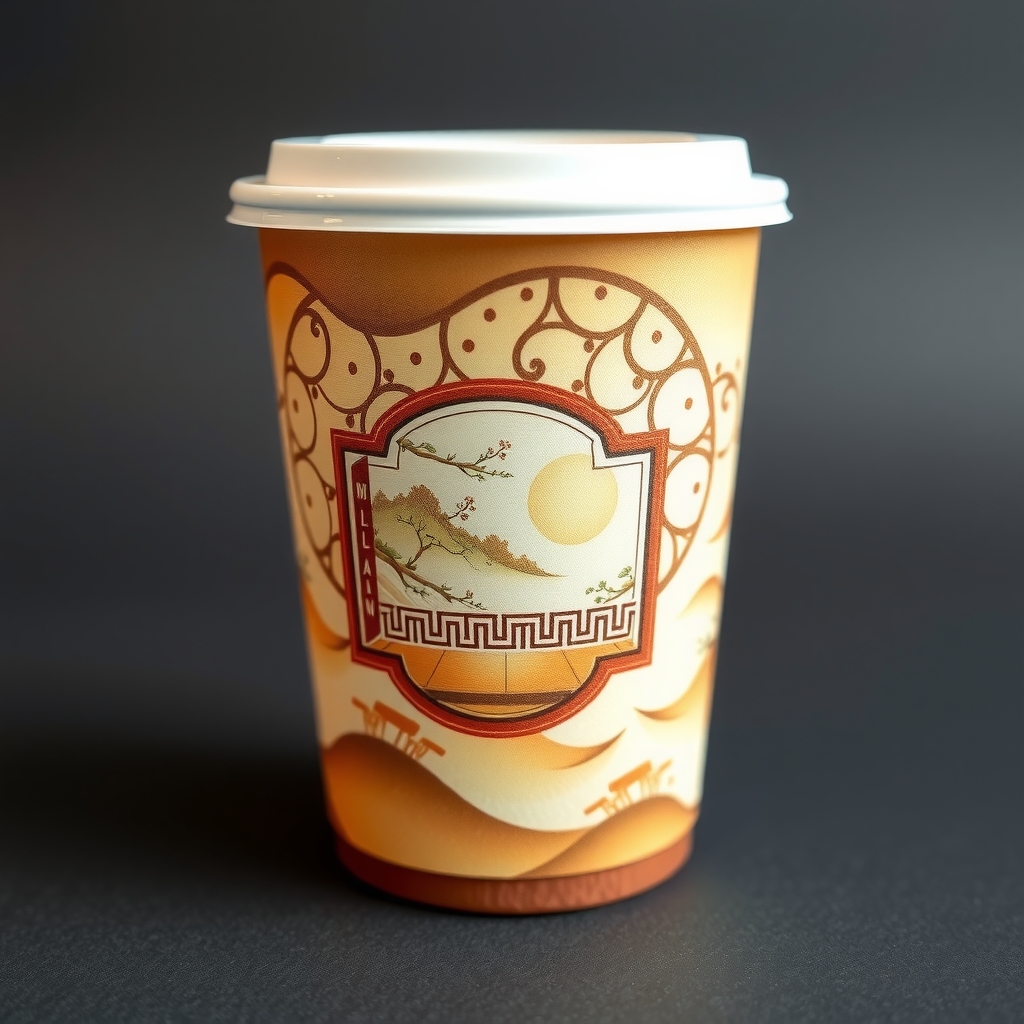 a beautiful chinese style milk tea cup sleeve and lid design by मुफ्त एआई छवि जनरेटर - बिना लॉगिन के✨ | AIGAZOU