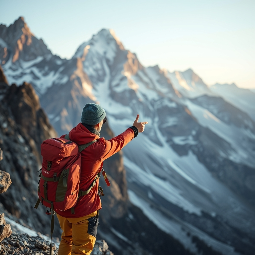 an alpinist showing a mountain direction by मुफ्त एआई छवि जनरेटर - बिना लॉगिन के✨ | AIGAZOU