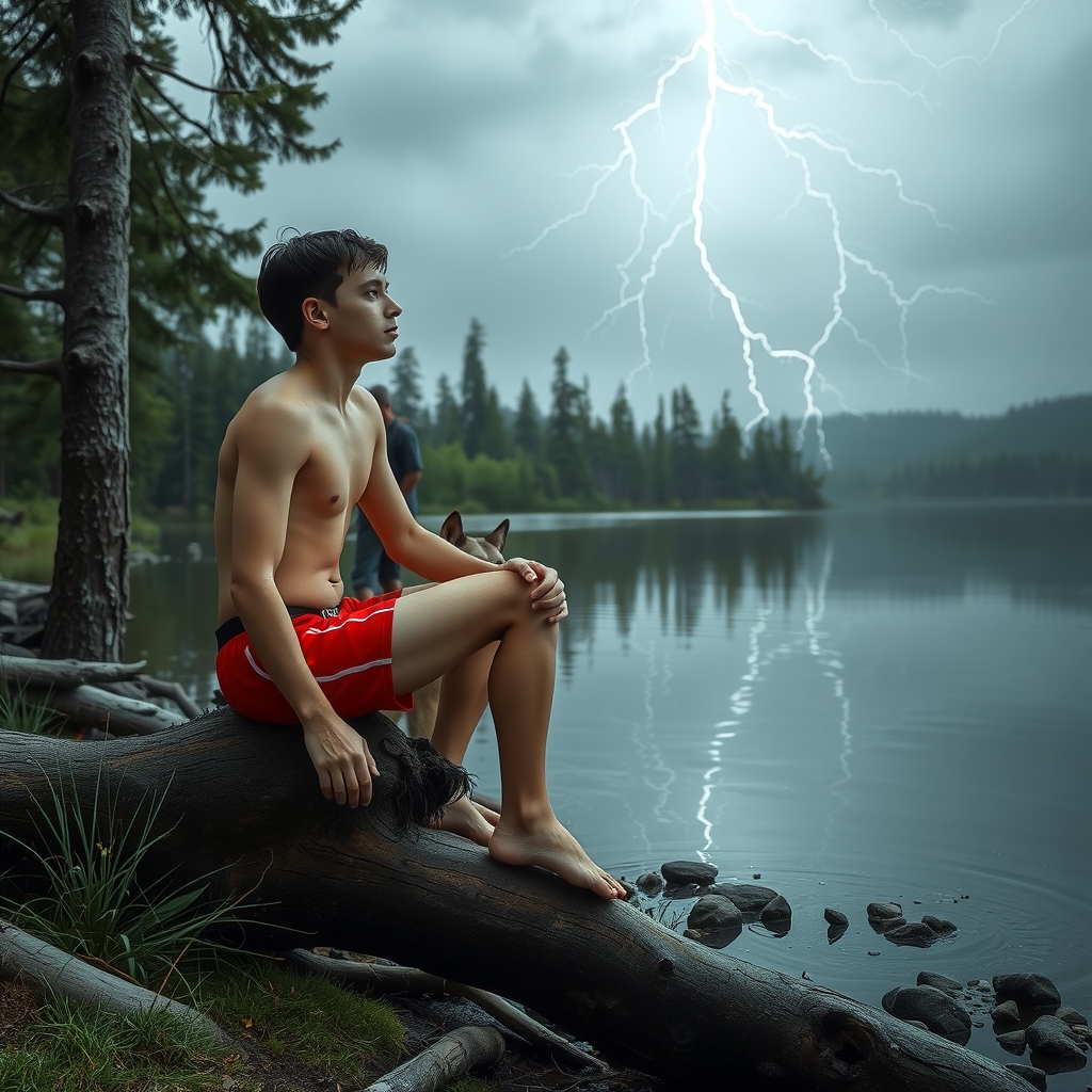 teenager in speedos sits on log by lake by मुफ्त एआई छवि जनरेटर - बिना लॉगिन के✨ | AIGAZOU