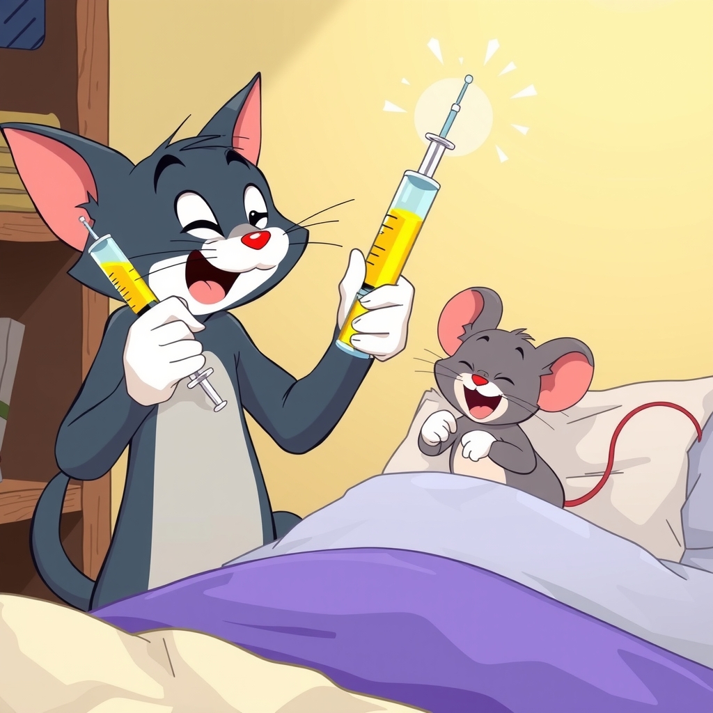 a cat with two syringes of yellow liquid and a happy mouse on a bed by मुफ्त एआई छवि जनरेटर - बिना लॉगिन के✨ | AIGAZOU