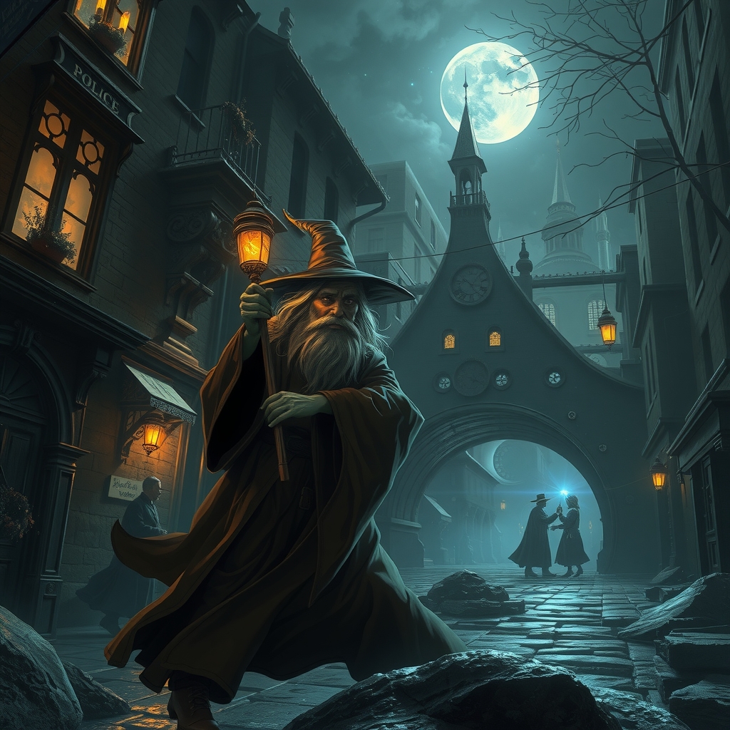 the sorcerer in dark night trapped by police by Free AI Image Generator & Maker - No login required✨ | AIGAZOU