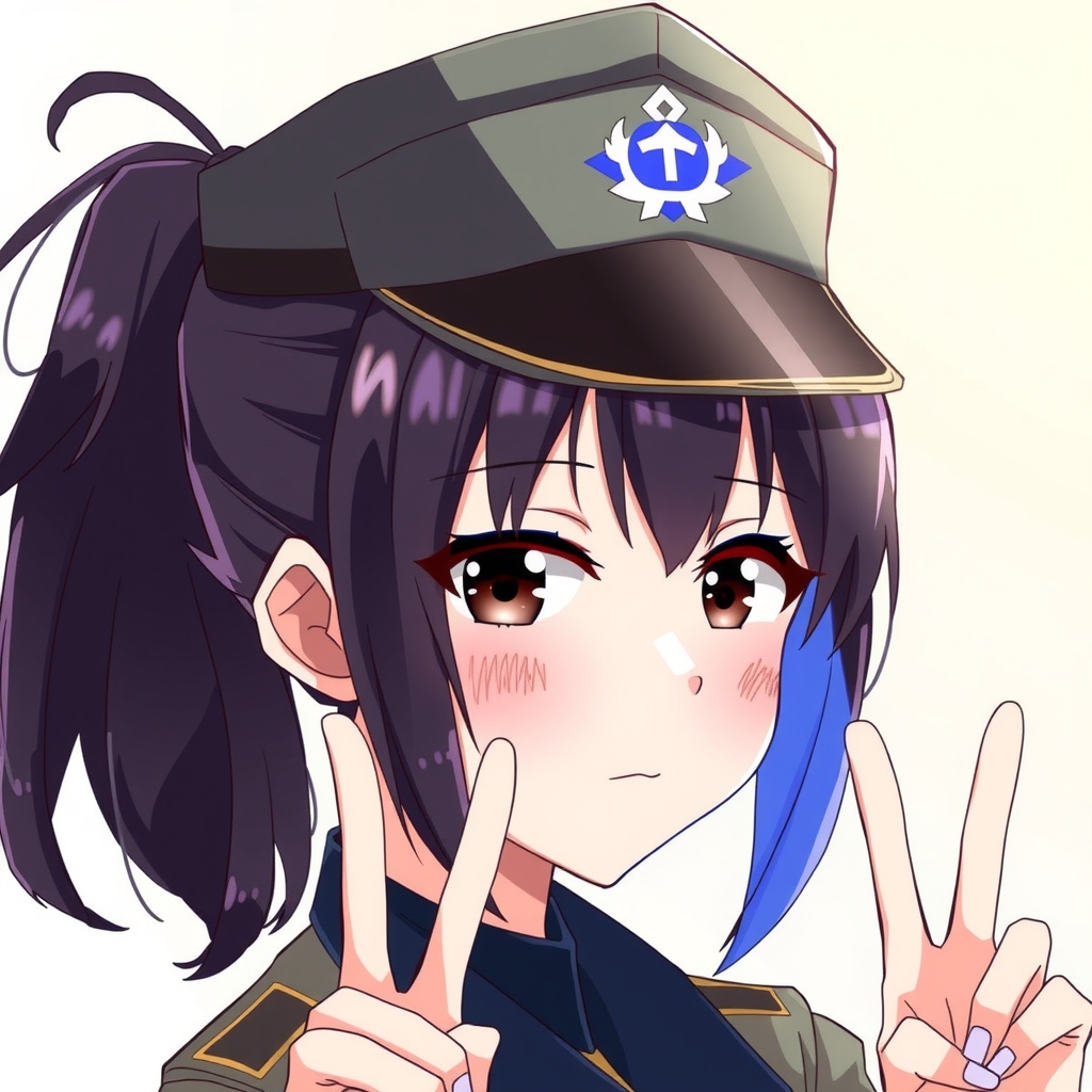 anime style girl military hat black hair blue inner ponytail military uniform blushing face peace sign japan by मुफ्त एआई छवि जनरेटर - बिना लॉगिन के✨ | AIGAZOU