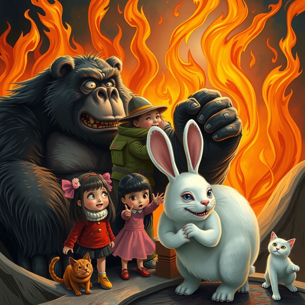 burning flames background kuma poo huge gorilla large white rabbit black haired girl pink haired girl brown cat white cat by मुफ्त एआई छवि जनरेटर - बिना लॉगिन के✨ | AIGAZOU