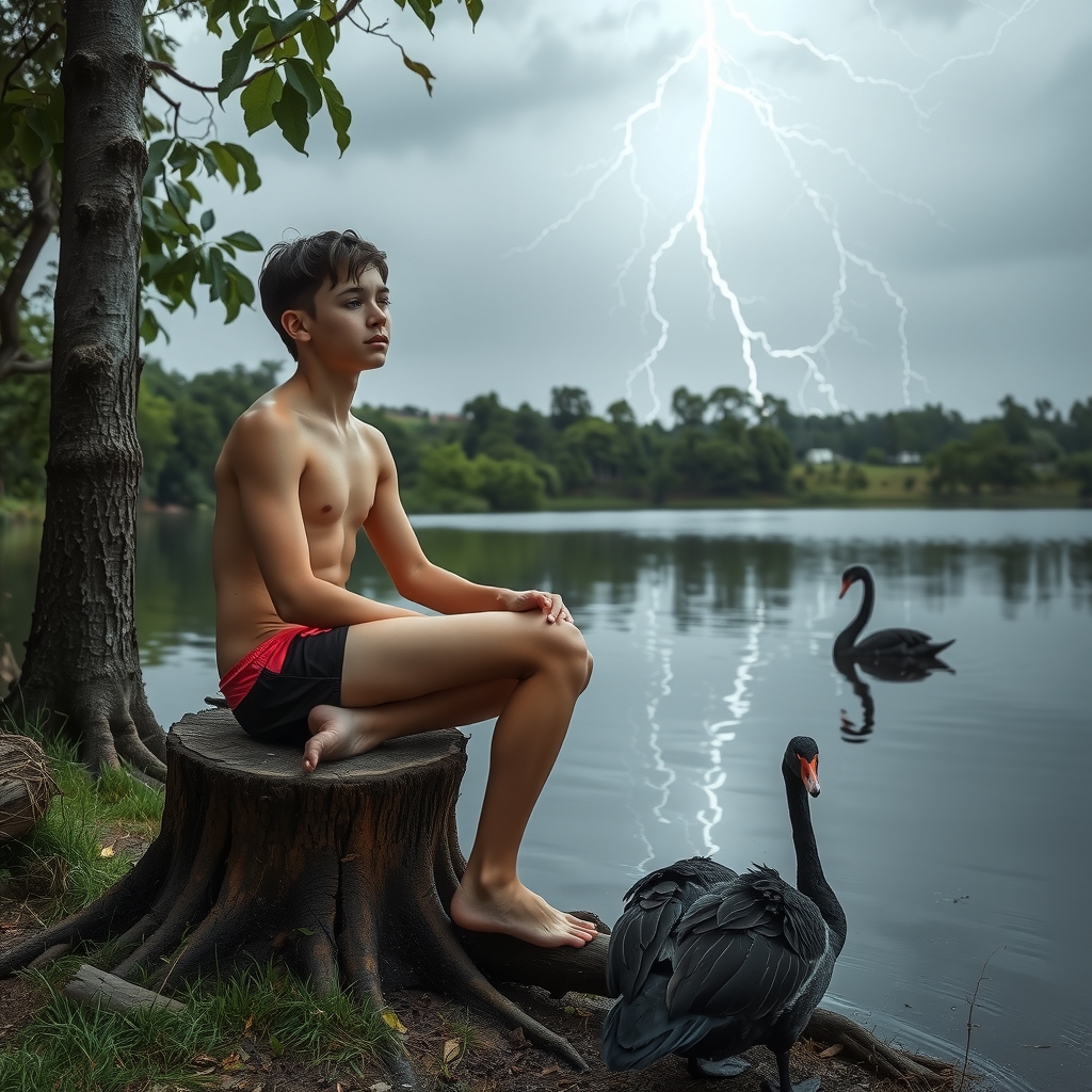 teenager in speedos sitting on log at small lake with black swan during storm by मुफ्त एआई छवि जनरेटर - बिना लॉगिन के✨ | AIGAZOU