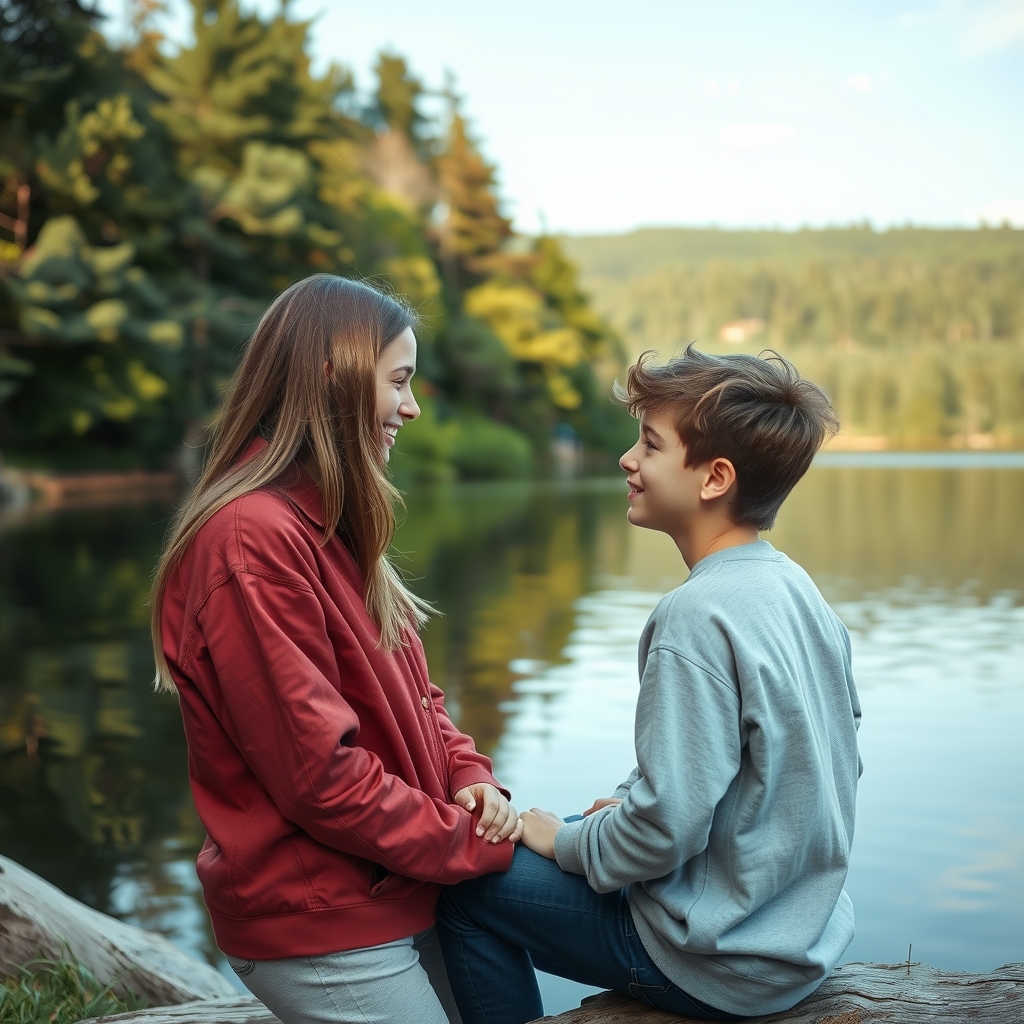 teenage boy at lake talking to girlfriend by मुफ्त एआई छवि जनरेटर - बिना लॉगिन के✨ | AIGAZOU