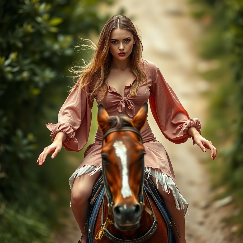 young woman in short torn skirt riding horse by मुफ्त एआई छवि जनरेटर - बिना लॉगिन के✨ | AIGAZOU